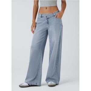 NEW Halara Flex Asymmetric Low Rise Wide Leg Jeans Light Wash Blue Tall Large